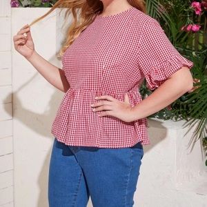 Plus Gingham Flounce Sleeve BabyDoll Blouse